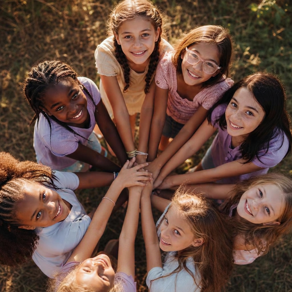 A diverse circle of girls joining hands together in sisterhood